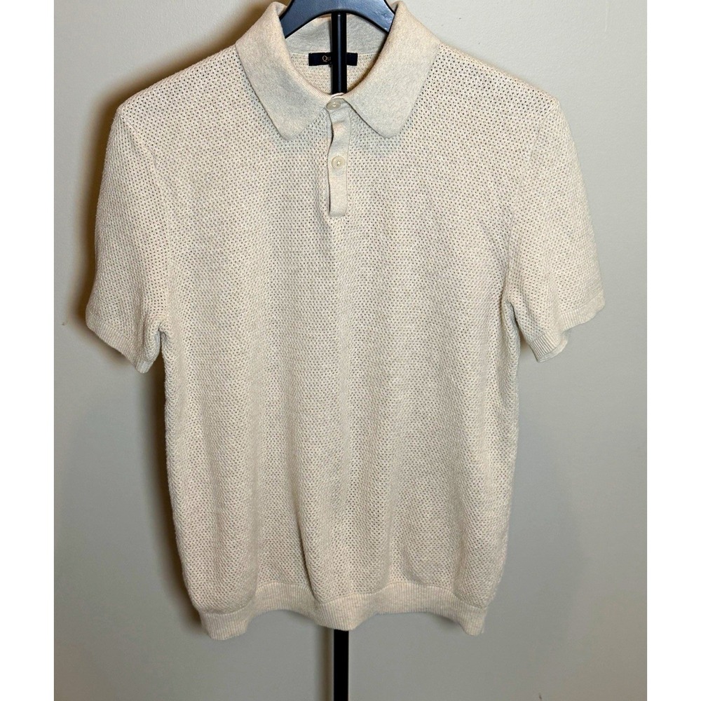 Quince 100% Organic Cotton Mesh-Stitch Sweater Polo Shirt Speckled Beige Mens M